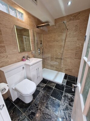 Bathroom with walk in shower. Rain shower with hand held attachment. LED mirror.