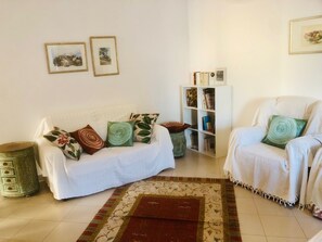 living room with two sofa and library