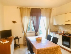 kitchen with wide table, tv, oven and hob, balconi, fully equipped