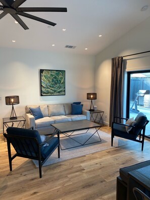 Cozy great room seating area with queen sleeper sofa.