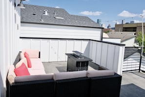 Private rooftop with Houston skyline in backdrop