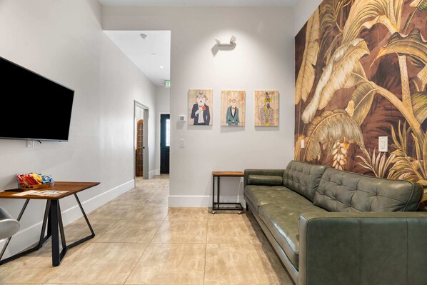 Art-filled with cozy seating — perfect for relaxing and socializing