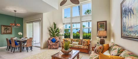 Open living area with cathedral ceilings 