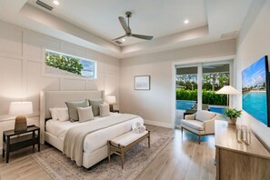 Master Bedroom, TV, Private Pool Entrance, King-Size Bed.