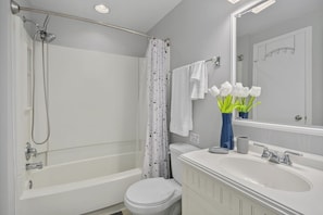 Second floor, hallway full-bathroom, stocked with necessities