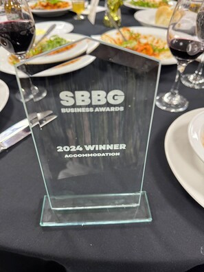 Winner 2024 Accommodation Award, SBBG Business Awards, as voted by guests!