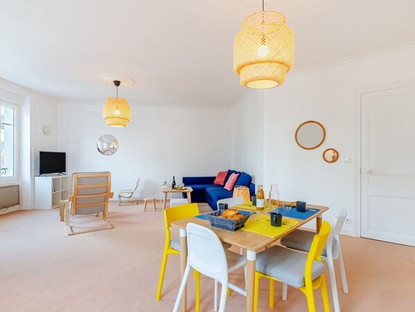 Table, Furniture, Azure, Chair, Orange, Building, Interior Design, Wood, Lighting, Flooring