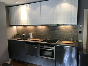 Kitchen with Oven/Microwave, small fridge/freezer and dishwasher