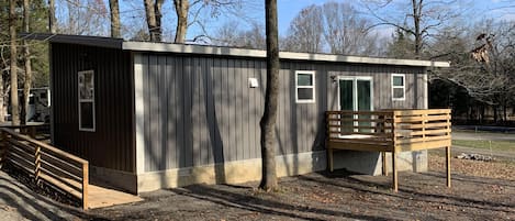 Front of cabin and parking area
