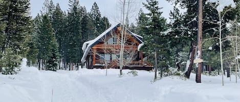 a winter shot of the cabin and driveway area
