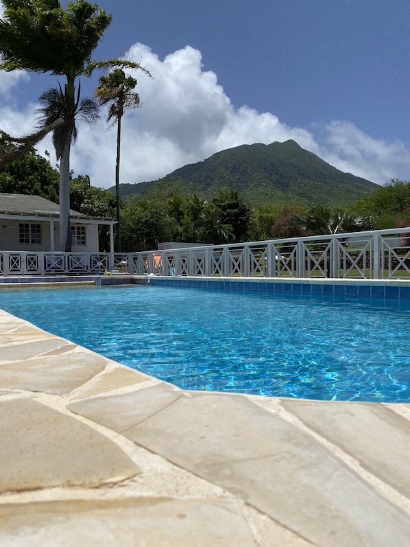 Pool with guest cottage and Nevis peak in background 