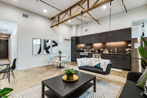 Open kitchen dining and living areas