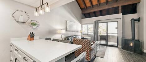 Classy, modern remodel makes you never want to leave the kitchen. Seating for 4 at kitchen counter.