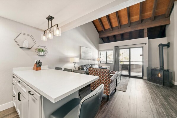 Classy, modern remodel makes you never want to leave the kitchen. Seating for 4 at kitchen counter.