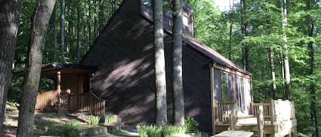 Exterior of the A-frame cabin.