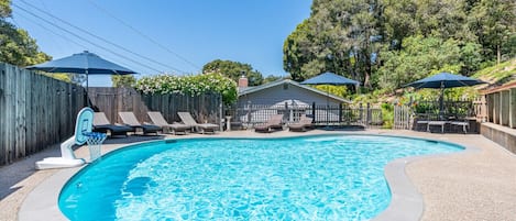 Private backyard pool. Comfortable swimming temperatures from May-September when solar heating system is effective. Pool heating available for a fee October-April.