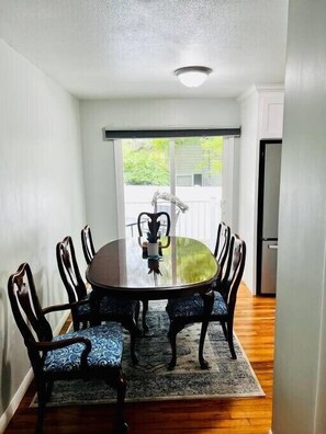 Dining room seating for 6. Additional seating for 4 on the deck( seasonal). Plenty of room in the living room as well. 