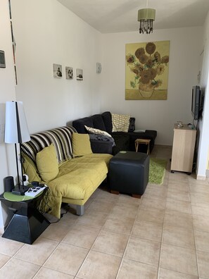 Living room area with television & sofa/futon bed. 