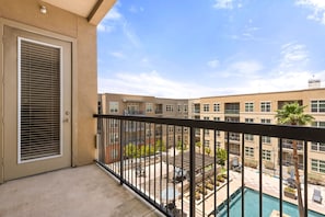 Balcony with pool view.