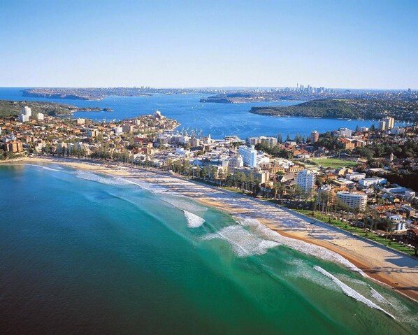 Aerial View of Manly and the Manly Surf Beach and the Sydney Harbour.