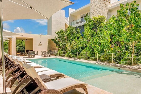 The communal ground-floor pool