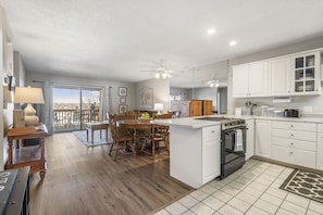 Kitchen, dining, and living area