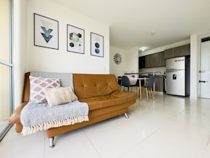 Living room with dining room view