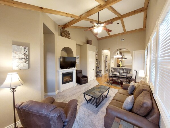No steps or stairs! Spacious Log Cabin Living Room at a glance! Newly remodeled!