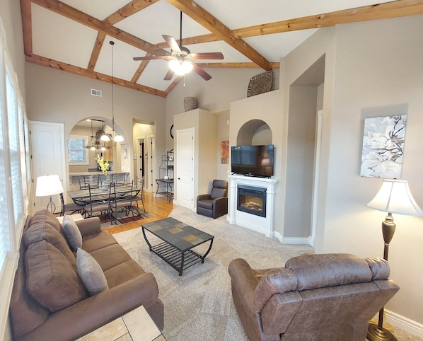 No steps or stairs! Spacious Log Cabin Living Room at a glance! Newly remodeled!