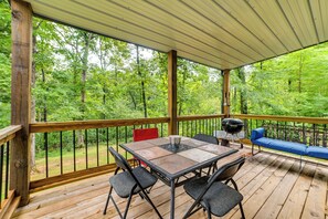 Covered Deck | Outdoor Dining Area | Walk to Lake