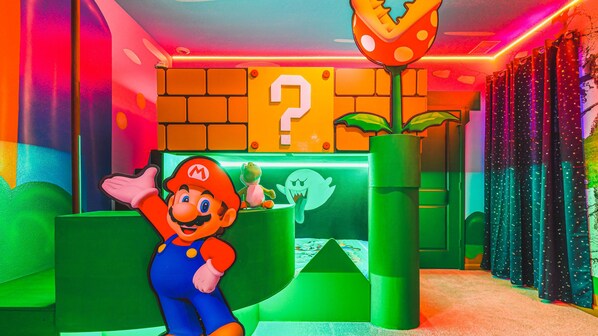 Jump into the world of Super Mario with this vibrant and playful themed bedroom, perfect for kids and gamers alike.