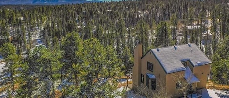 Pikes Peak looms over the cabin.