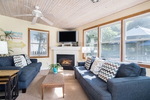 Cozy living room space with a seasonal gas fireplace and a smart TV