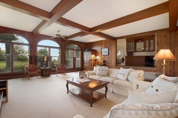 Huge sunken living room with Lake Michigan views