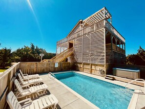 Private pool; 5 foot on deep end. Pool and deck newly resurfaced.  So relaxing