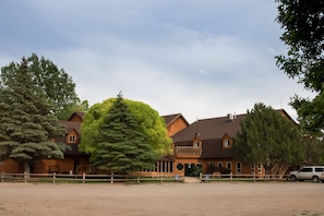 Parking lot and main entrance to lodge.