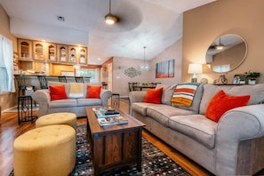 Relax after your biking adventures on our comfy couches.