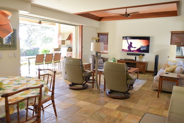 Spacious great room leading to lani with outdoor kitchen.