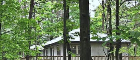The cabin is built on one floor, no steps, with a walkway from the driveway