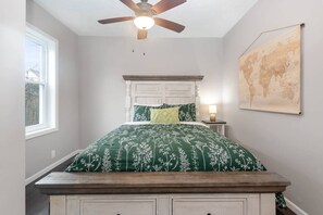 Bedroom 1 (on the main floor) has a queen bed.