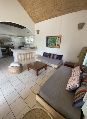 View from the living room into the open kitchen 