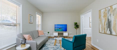 Main living space with 55" Smart TV