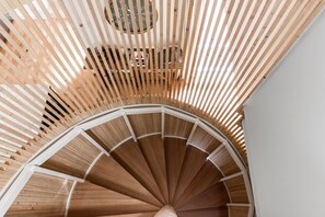 A stunning custom designed spiral staircase.