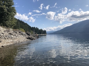 Looking east from dock, rock beach perfect for skipping stones