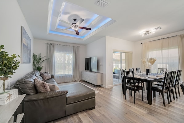 Open space living,dining, and kitchen area