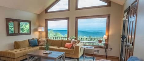Living room with views of the Blue Ridge Mountains. 