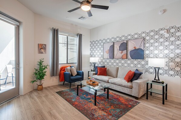 Relax and unwind with a movie night on the plush sectional.