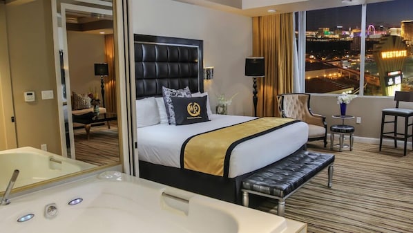 Master bedroom with king size pillow top mattress, jacuzzi & private bathroom