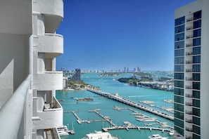 Private balcony with water views of Biscayne Bay, Venetian Marina