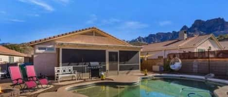 Backyard with pool and mountain view